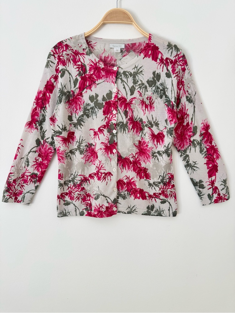 Garnet Hill Signature Merino Floral Cardigan in Pink & Green Floral Print Size M